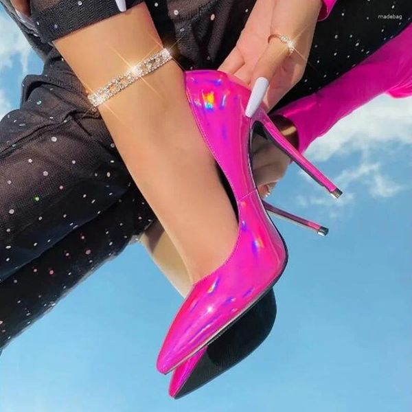 Sapatos de vestido holograma rosa Iridescente Patente Couro Steletto Saltos altos bombas de ponta pontiaguda