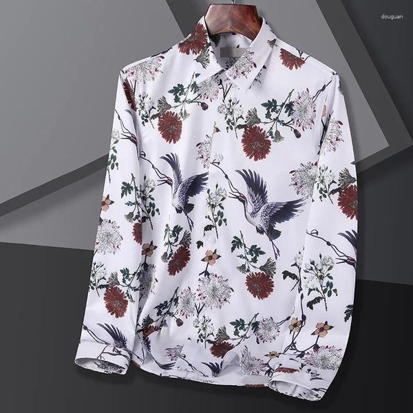 Camisas casuais masculinas Moda masculina estampa chinesa camisa inteligente de manga longa Turn-aba