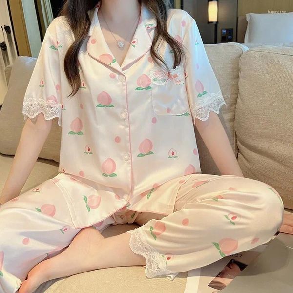 Kadın pijama bal şeftali dantel pijamalar için yaz buz ipek pürüzsüz yüksek dereceli örgü kırmızı kılıf pantolon tatlı ev seti pijama mujer