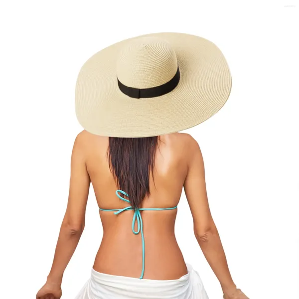 Weitkrempeln Hats Beach Shade Hut Frauen trendy Sommergürtel Strohkappe Floppy faltbare faltbare Farbe atmungsaktives Schweiß Sonnenvisier