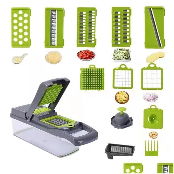 Obst Gemüsewerkzeuge 14 in 1 Hubschrauber Mtifunktionales Lebensmittel Choppers Slicer Cutter für Salatkartoffel Karotten Knoblauchablagerung Home Gard DHGCE