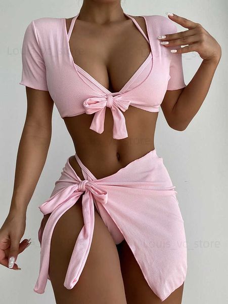 Moda de banho feminina New 4 peças Terne Swimwear Bikinis Conjunto+Top de manga curta+Tie-Up Skiat Swimsuith Sexy Up Up Terno de banho Coverputes de praia T231223