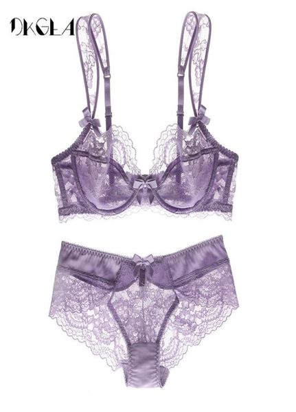 Hollow out reggiseno biancheria intima set di pizzo trasparente set di lingerie sexy set da donna ricami plus size viola reggiseno viola e set di collant y201719587