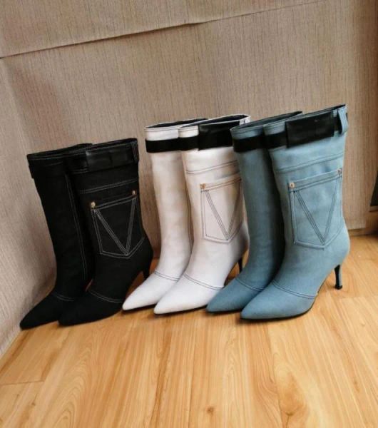 Jean denim deri 85cm stiletto yüksek topuklu ayakkabılar ayak bileği bagaj yarım patik yağma sivri ayak parmakları desen diz podyum parti 7592816