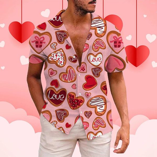 Herren lässige Hemden Happy Valentinstag Kurzarm Shirt süßer Keks 3D -Druck Strandkleidung Party Chemis Chemis