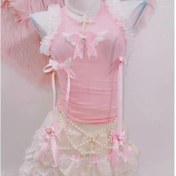 Tanques femininos harajuku moda y2k top tops fofos acessórios rosa camiseta renda e roupas de menina lolita tank kawaii