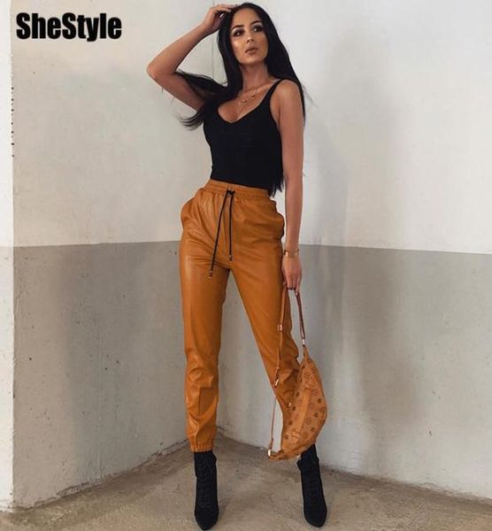 Shestyle PU Leather String de inverno calças de inverno Mulheres na cintura alta sexy casual solto grosso 2019 calças de outono roupas de roupa de roupa8660811