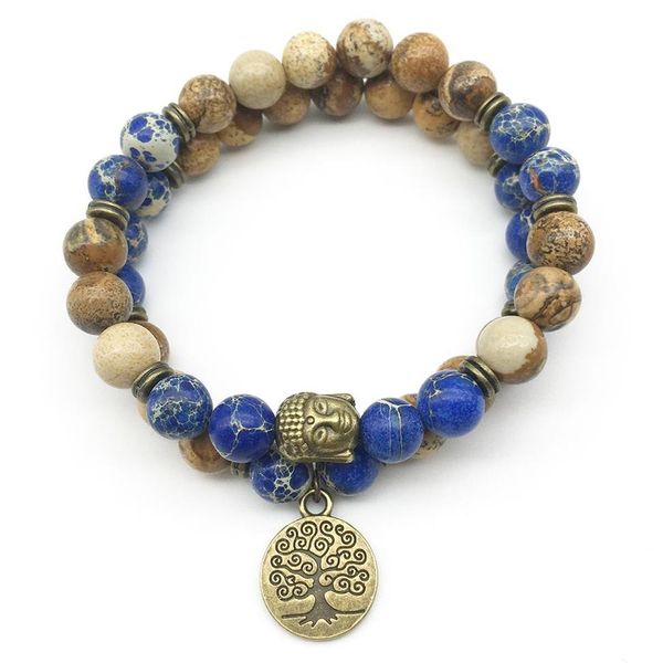 SN1281 Trendy Designer Buddha Kopf Armband Set Bild Jasper Dunkelblau Regaliten Armband Baum von Leben Naturstein Schmuck2372