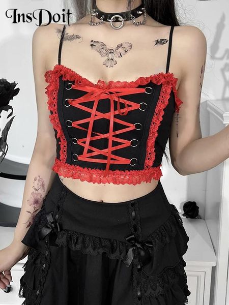 Camis InsDoit Gothic Y2K Lace Up Red Camis Frauen Streetwear Ärmelloses Rückenfreies Sexy Sommer Crop Top Ästhetische Schlanke Punk Korsett Tops