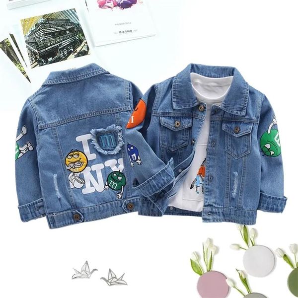 Джакеки для мальчиков для мальчиков джинсы Coats Cartoon M Printed Denim Jackets Blue 2 3 4 5 6 7 8 лет детские девочки Детская одежда для малышей осень