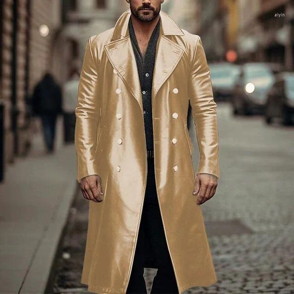 Trench maschili cappotti di grandi dimensioni oro lungo cuoio da uomo argento performance a doppio petto.