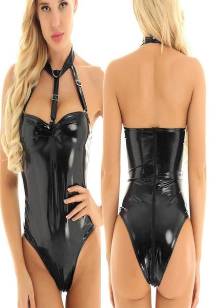 Erotik seksi lateks bodysuit iç çamaşırı sırtsız vücut takım elbise seks kadın esaret bdsm köle sm elbise fermuar sexi sahte deri catsuit bras5399467