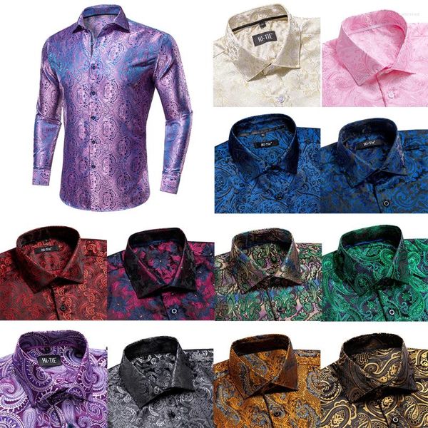 Camisas casuais masculinas Spring Autumn Mens de seda de seda longa de manga roxa rosa verde preto preto bege lapela slim slim camisa para presentes comerciais masculinos