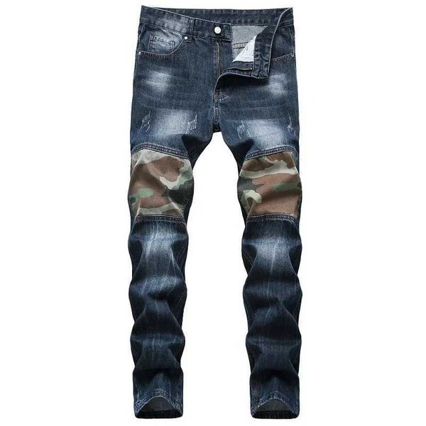 Jeans masculinos Menas de joelho Moda Patch reto Slim Jeans Luxury Denim Troushers Hole Zipper Jeans Camuflage Splicing Jeans Calça 29-42 J231222