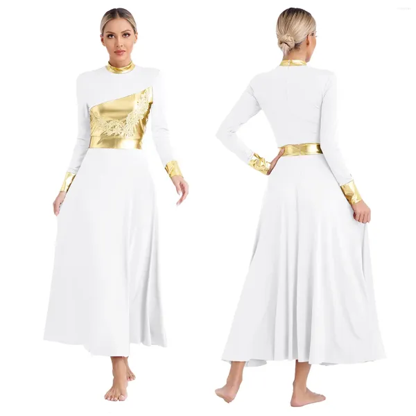 Sahne Wear Womens Liturgical Pain Lirik Dans Elbisesi Metalik Parlak Renk Bloğu Uzun Kollu Aplike Balo Kilisesi Korosu İbadet Dans Giysileri