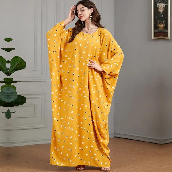 Ethnische Kleidung Ramadan Marokko Islamischem Nahen Osten Arabische Gelbdruck Fledermaushülle lässig Home Frauen Super lose Dubai Muslim Kleid