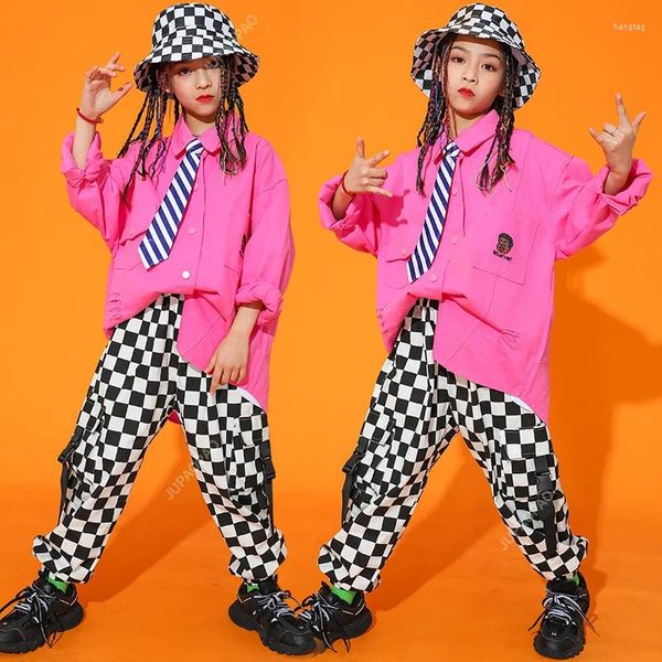 Bühnenbekleidung Kinder Hip Hop Kleidung Lose Langarm Pink Hemd Casual Plaid Hosen Mädchen Jazz Street Dancing Show Kleidung Rave Rave