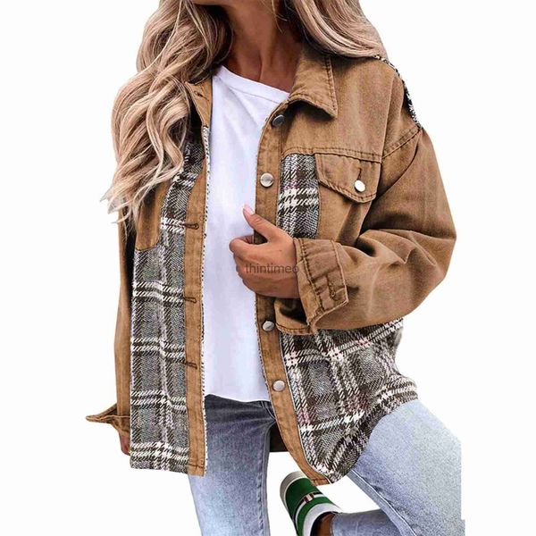 Camicette da donna magliette da donna giacca a quadri per cuffie lunghe gemelli in lana denim abbottonatura giacca top top top yq231223