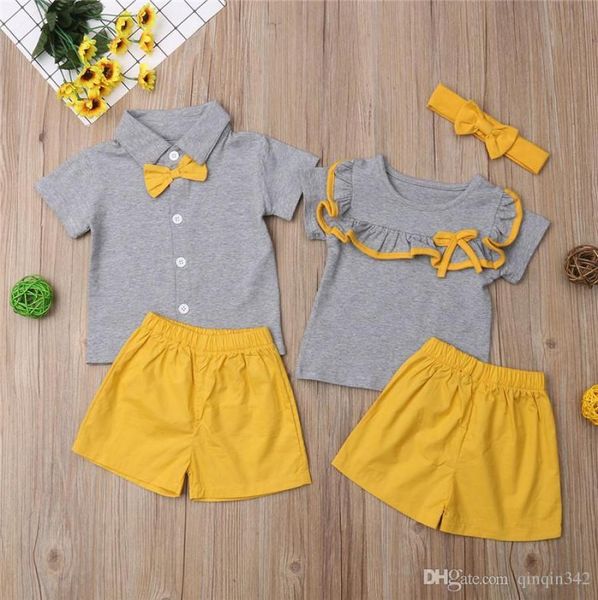 Moda Biglittle Irmã Brother Combating Summer Rous Kids Gary Girl Sets Setes de manga curta Ruffle touts Shorts Roupos 16Y1362257