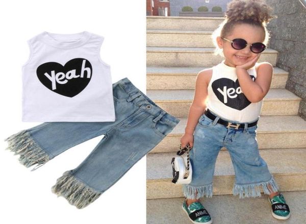 Mode Kleinkind Baby Kids Designer Kleidung Mädchen Weste Top 2pcs T -Shirt Jeans Jeans Jeans Hose Outfits Set lässige Pop -Kleidung 15 Jahre By42654085