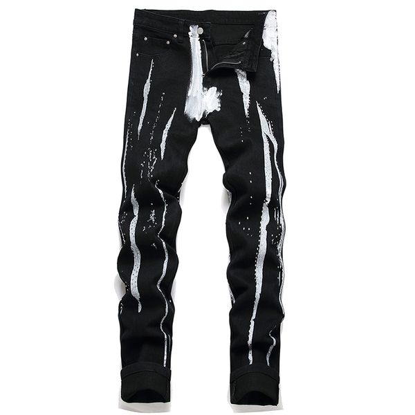 Graffiti neri graffiti che rinsing jeans skinny per uomini alla moda pantaloni in cotone in cotone pantaloni primaverili di strade autunnali perline