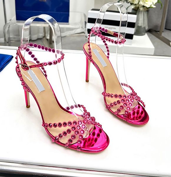 Sandálias decorativas para mulheres de luxo Sandálias Strap Crystal Crystal Diamond High LeAx