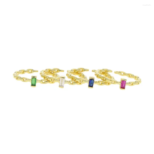 Clusterringe Ein Steinring für Frauen Goldfarbe Kubanische Verbindungskettenband mit farbenfrohen Rechteck cz einfacher Fingerschmuck