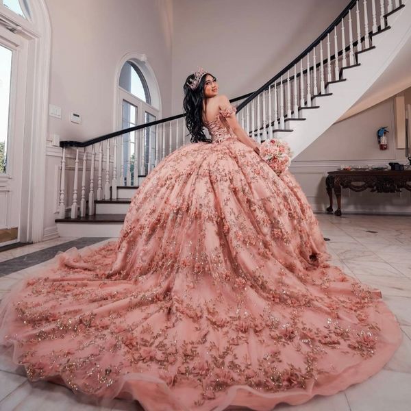 2024 Luxury Pink Shiny Princess Quinceanera Abiti perle Appliques Abito Flower Party Tulle Elegent Sweet Vestido de 15 16 Anos