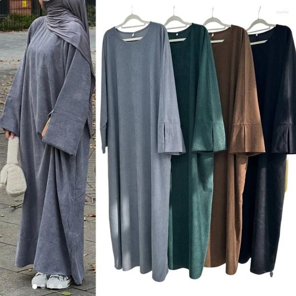 Ethnische Kleidung 2023 Neueste Cord -Kleid Herbst Winter Warm Kleid Bescheidenheit in voller Länge Abaya Kaftan lässige Robe Muslim Islamische Frauen