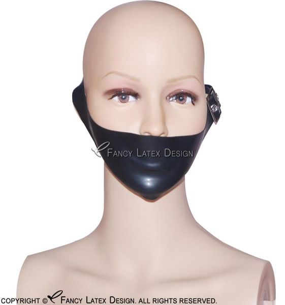 Siyah seksi esaret lateks ağız maskesi kauçuk yüz maskeleri Kemer tokaları ile korunan kaput 00261139026