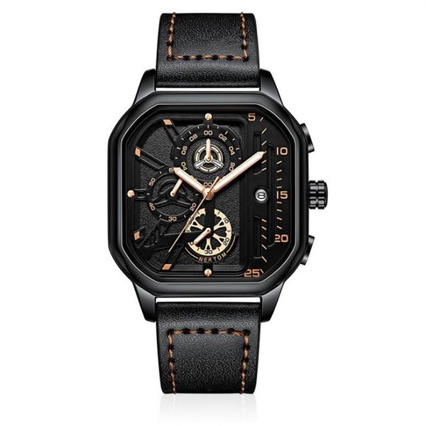 Cool Black Nektom Brand Brand Out orologio da uomo Accurati Cinturino in pelle Accurata Cinta Luminosa quadrante quadrato orologio da polso 213R