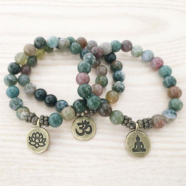 SN1110 Nuovo design Bracciale maschile India Agate Ohm Lotus Buddha Charm Bracciale Mala Yoga Gioielli intero per lui2524