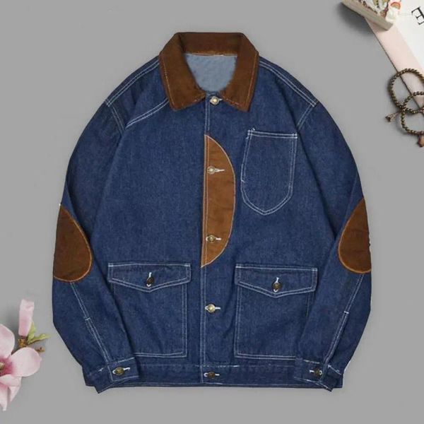 Jackets masculinos Spring Autumn Men Jaqueta jeans de mangas compridas Multi bolsos de peito de peito de peito de peito de retalhos colar de colar de colarinho machado