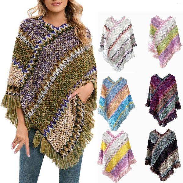 Lenços femininos nação imprimir em emenda colorida colorida poncho com borlas embrulhadas para vestidos de noite de chiffon de inverno vestidos de noite