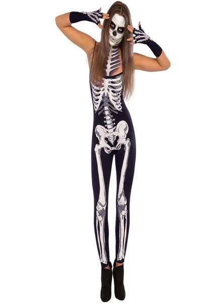 2018 Sexy Halloween Jumpsuit Women Party Cosplay Skeleton Playlet Compuit Skull Impresso Strappy Bodysuits Macicles Zombie Traje Black8774472