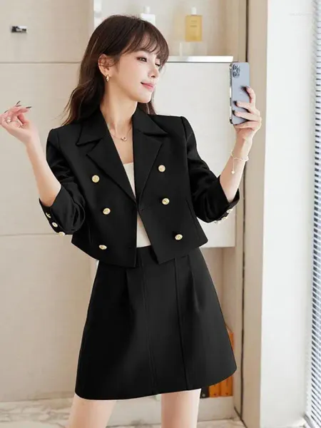 Zweiteilige Kleid elegante Damen formelle Anzug Herbst Schwarz Blue Business Work tragen Langarm Short Blazer Top und brauner Minirock mit hoher Taille