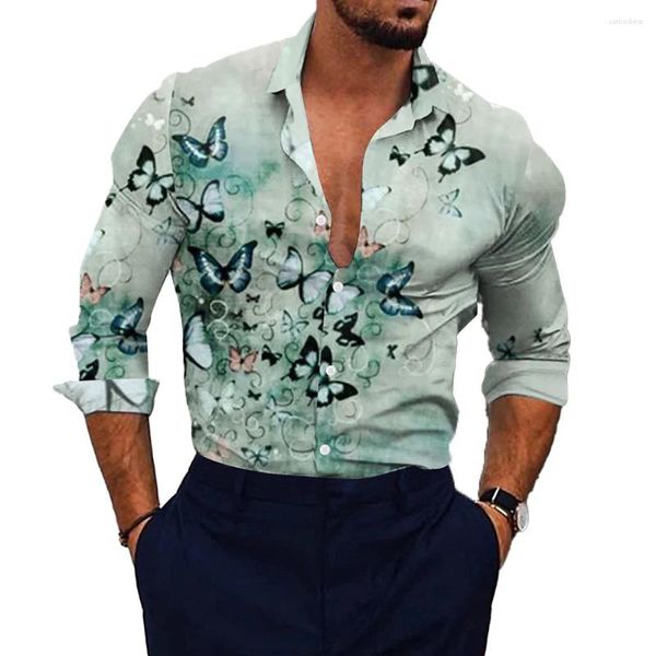 Camisas casuais masculinas masculinas vibrantes de manga longa de manga longa Botão de colar