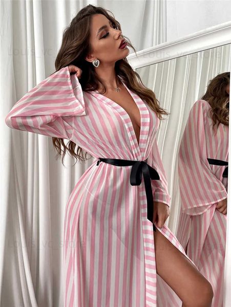 Roupa de listra rosa feminina Vestido de roupão de banho de quimono fino com ranhuras com faixas Sexy Sleepwear Mesh Mosh Beachwear Recedes para fêmea T231223