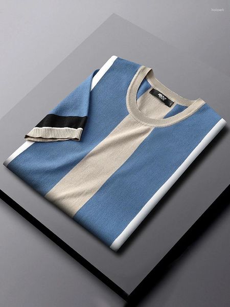 Camisetas masculinas 2023 Summer o pescoço contraste de cor malha mass de manga curta de manga curta slim fit casual listrado camiseta