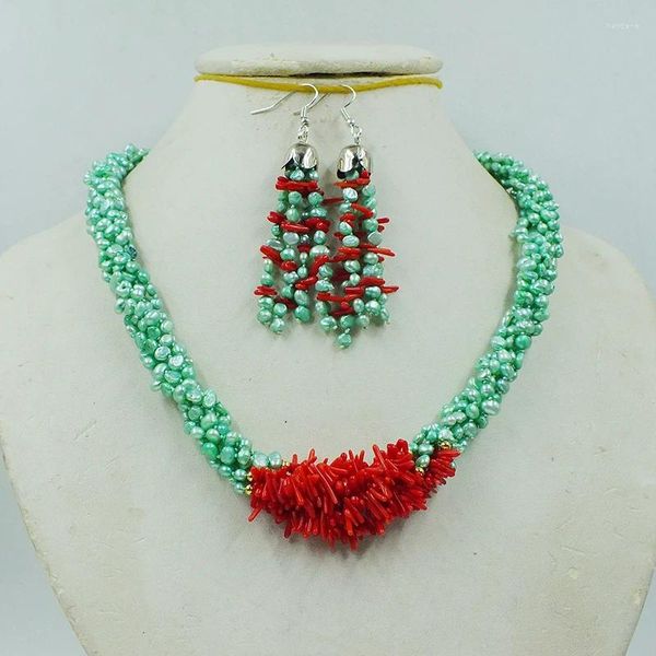Orecchini di collana set set di orecchie di perle barocca naturale/corallo naturale da 3 mm. Gioielli da sposa della sposa classica 20 