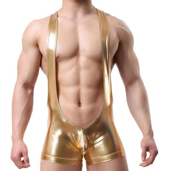 Underpants Männer Faux Leder PU Sexy Unterhemd Jockstrap Wrestling Singlet Boxer Jumpsuit Unterwäsche Unterwäsche Bodysuit Leo2638294