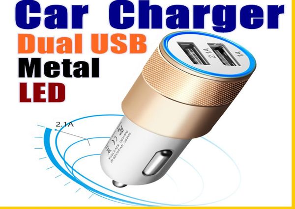 818 Metal Dual USB Port Car Charger Universal 21 Um adaptador de carregamento de LED para smartphone e tablet PC7578298