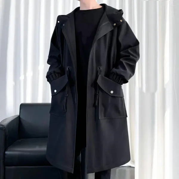 Trench dos casacos masculinos de comprimento médio casaco solto bolsões grandes bolsos de amarração de canto de vento com zíper à prova de vento