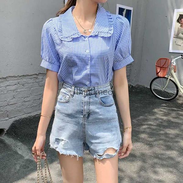 Damenblusen Hemden Y2K Blue Plaid Hemd Kurzes T-Shirt Frauen 2023 Sommer Heiße neue dünne Lappel Kurzschlämchen Top Frauen großer Größe 5xl YQ231223