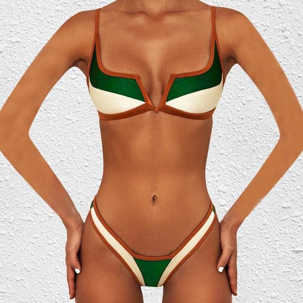 Damen Badebekleidung Retro Bade Bikini Frauen Bandeau Badeanzüge Push Up Patchwork Zwei Set Beach Swimwears Tankinis Schwimmoper