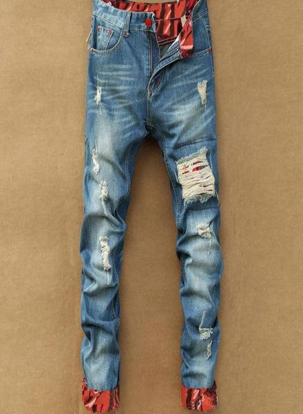 Jeans reto casuais de moda retro jeans skinny designer de moda rasgou homens Hip Hop Pontas de jeans azul claro2946292