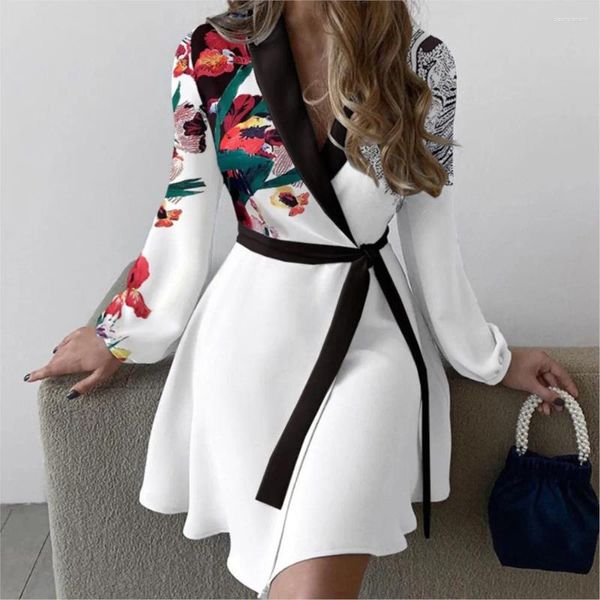 Vestidos casuais manga longa A-line Midi Dress Clowuting Fashion Print V Neck Sack Party Party Elegant Bandage Slim Women Blazer