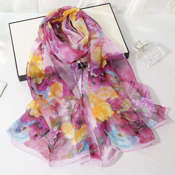 Sciarpe 1pc lunghi scialli avvolgono donne spiaggia per la protezione solare hijab hijab testa sciarpa con stampa floreale di seta chiffon kerchief collo