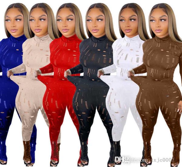 Designer Plus Size 3xl Frauen zweiteilige Hosen Set Streetwear Sexy Hollow -out -Langarm -Tops sehen durch Leggings Skinny Suit7673291