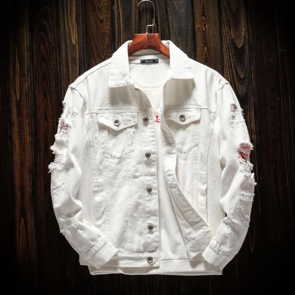 4xl White Ripped Jackets Menwomen Hip Hop Hole Casual Fashion Streetwear Solid Male Jeans Jacket 231222